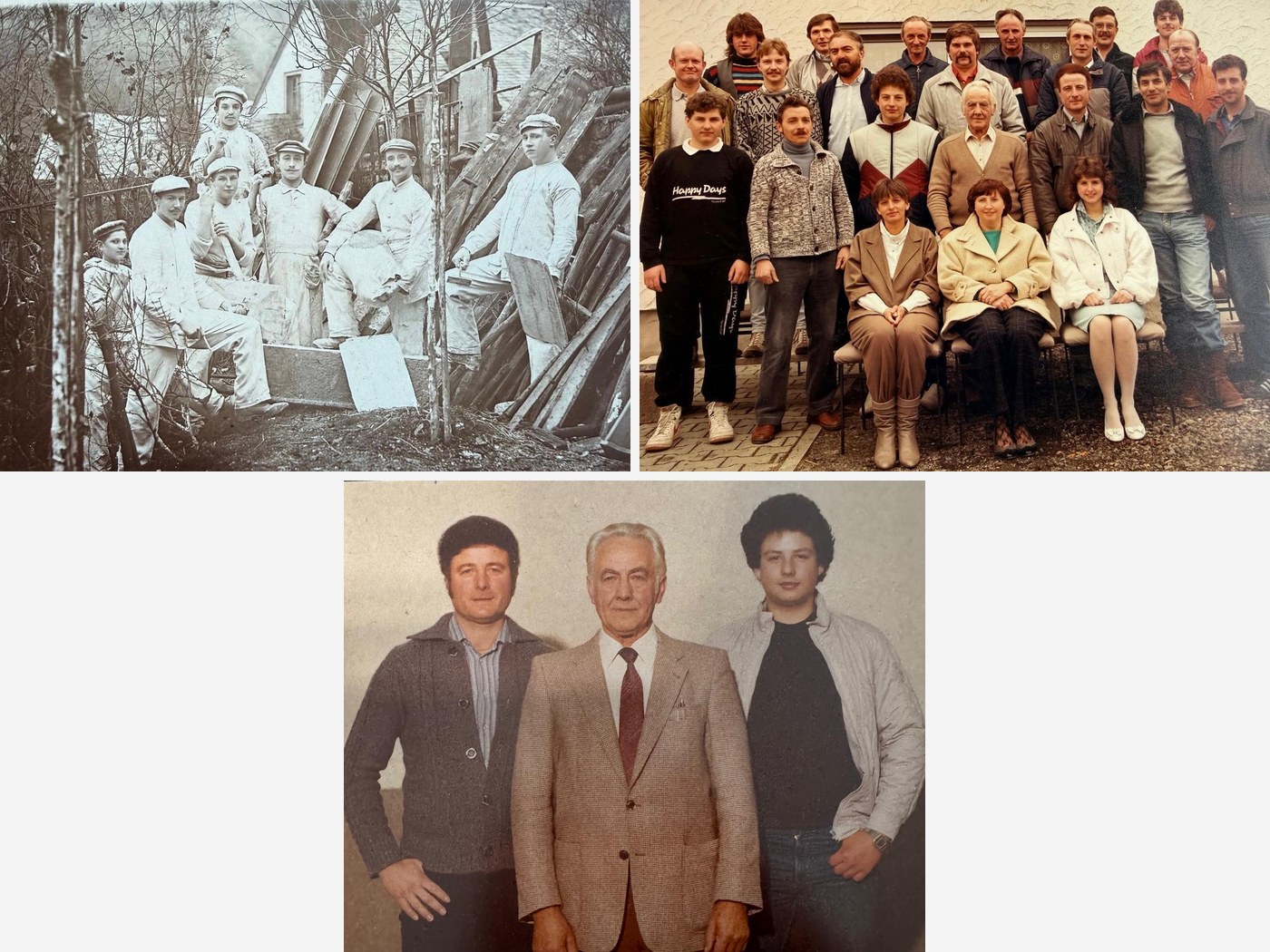 Bildtafel aus drei Aufnahmen: oben links mehrere Handwerker in heller Arbeitskleidung vor einem Holzstapel, oben rechts ein Gruppenfoto der Belegschaft aus den achtziger Jahren, darunter drei Männer aus drei Generationen nebeneinander.